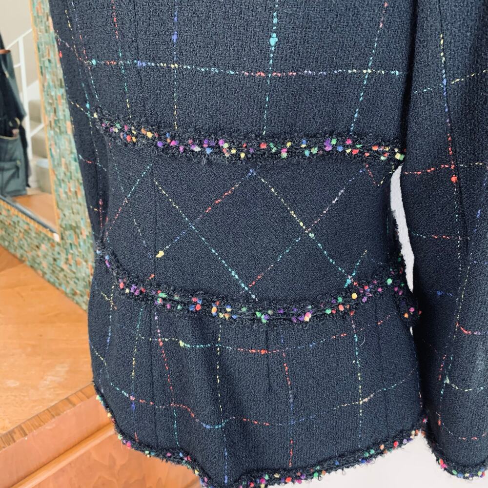 Vintage Rickie Freeman Size 8 Wool Tweed Blazer Jacket Black Colorful Fringe - Picture 9 of 13